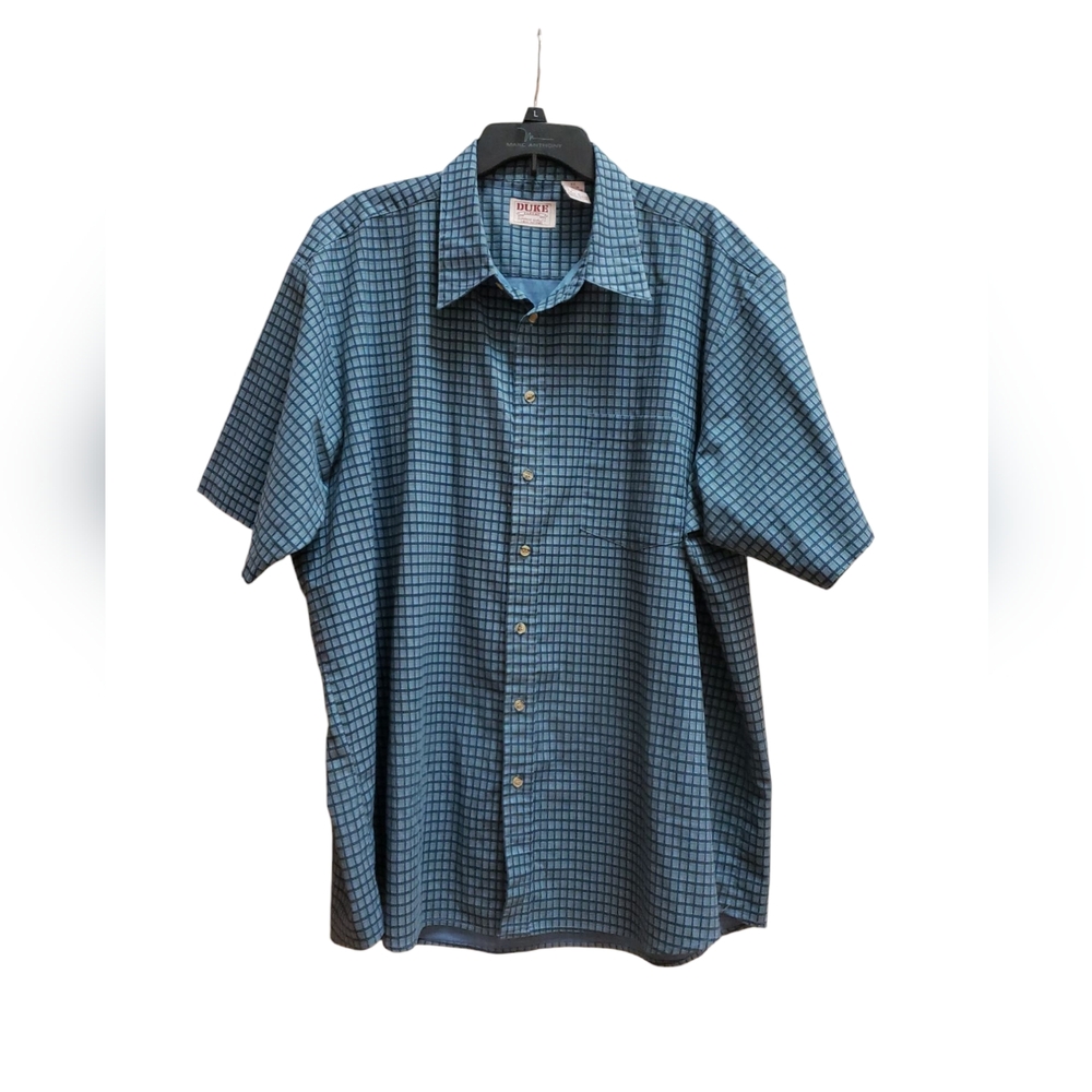 Duke Button Up Shirt Mens Size XL Blue Green Plaid Short Sleeve Cotton Pocket